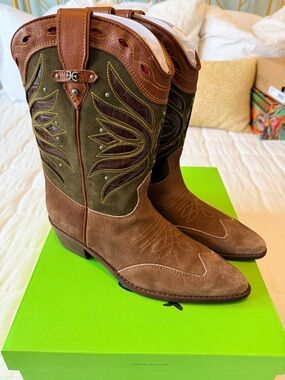 Sam Edelman Brown and Olive Suede Western Ankle Boots